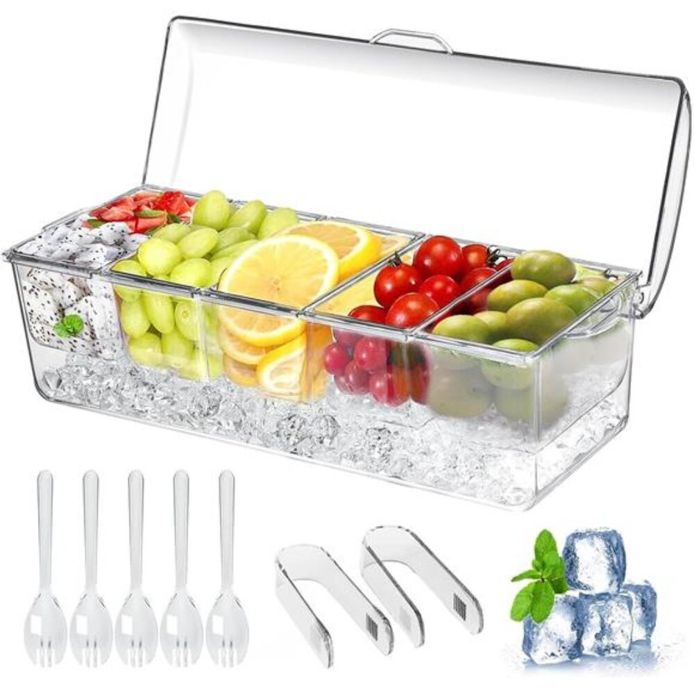Large Ice Chilled Condiment Caddy Bar Serving Tray Removable Compartments Party